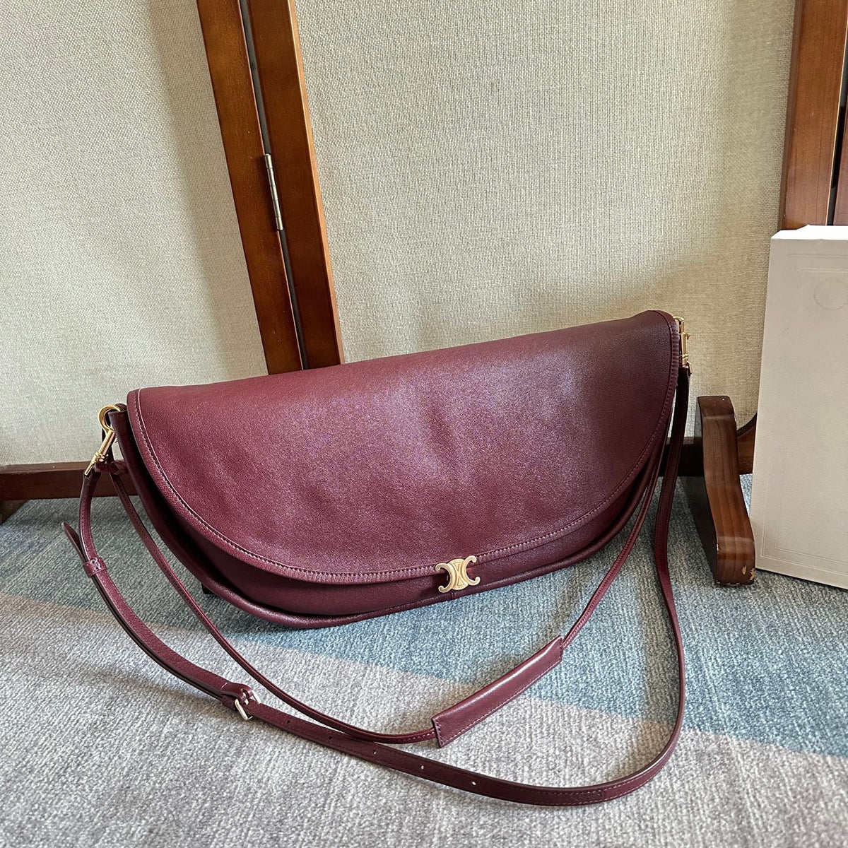 Celine Halfmoon Soft Triomphe Bag Dark Burgundy Lambskin
