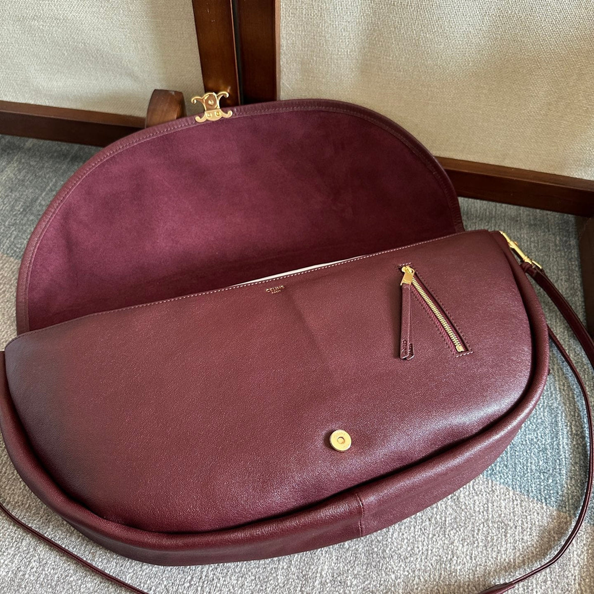 Celine Halfmoon Soft Triomphe Bag Dark Burgundy Lambskin
