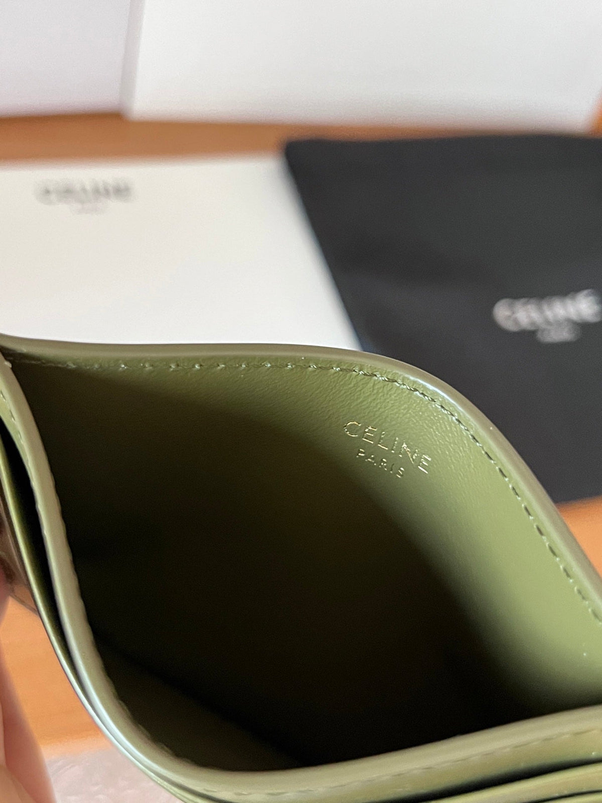 TRIOMPHE Card Holder Olive Green Cowhide& Fabric GHW