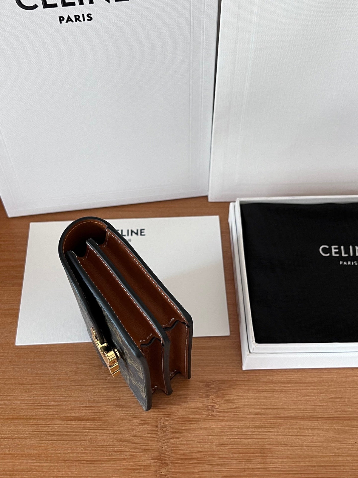 TRIOMPHE Business Card Holder Tan Cowhide GHW